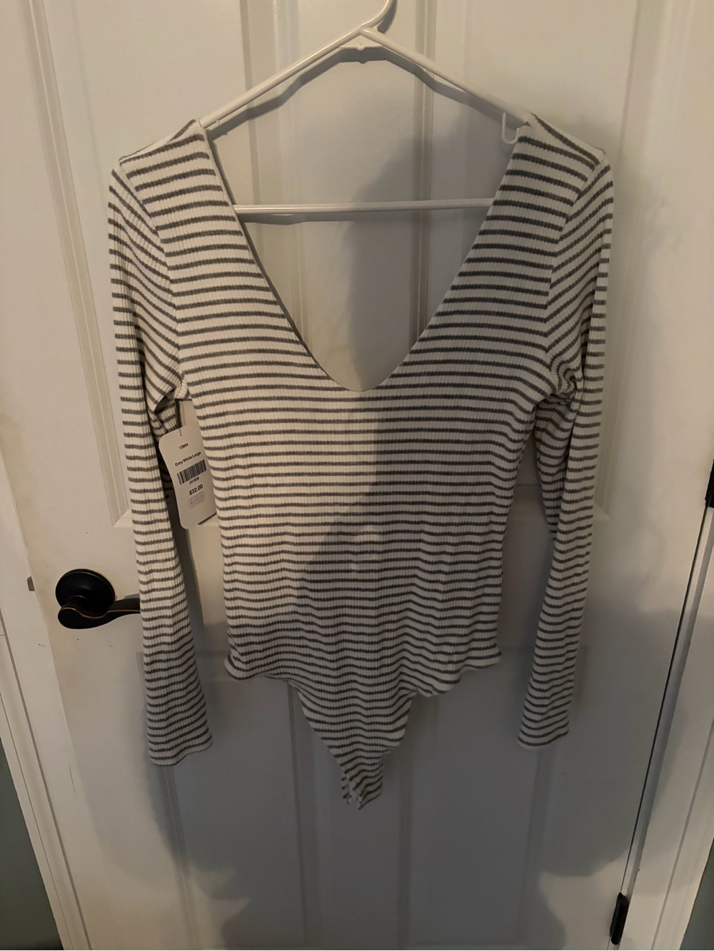 Striped V-Neck Long-Sleeve Bodysuit in White & Gray